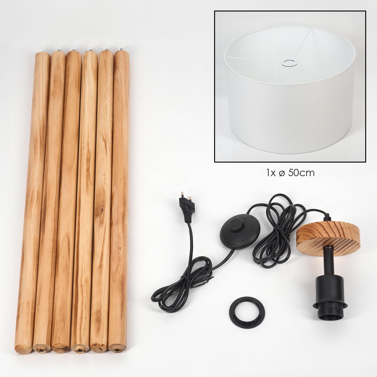 HOFSTEIN Stehleuchte Flemming, Stehlampe aus Holz/Metall im modernen Boho-Design, Schirm aus Stoff, Ø 50 cm, 154 cm, E27, Fußschalter - Wohnzimmer, Schlafzimmer, Esszimmer, Flur