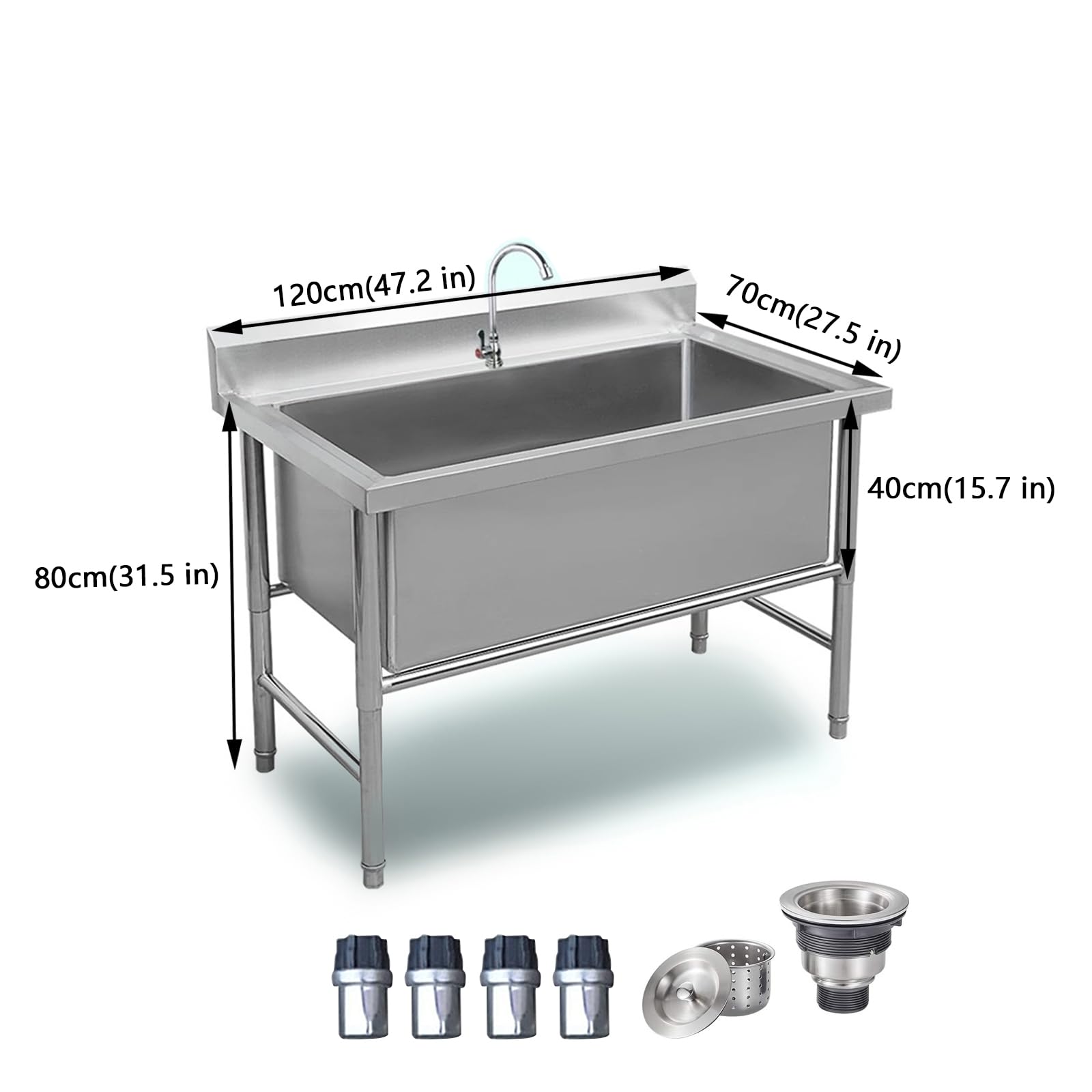 Duży zlew ze stali nierdzewnej do pralni, wolnostojący zlew kuchenny do zastosowań komercyjnych, wytrzymały zlew jednokomorowy o szerokości 120 cm, idealny do intens,