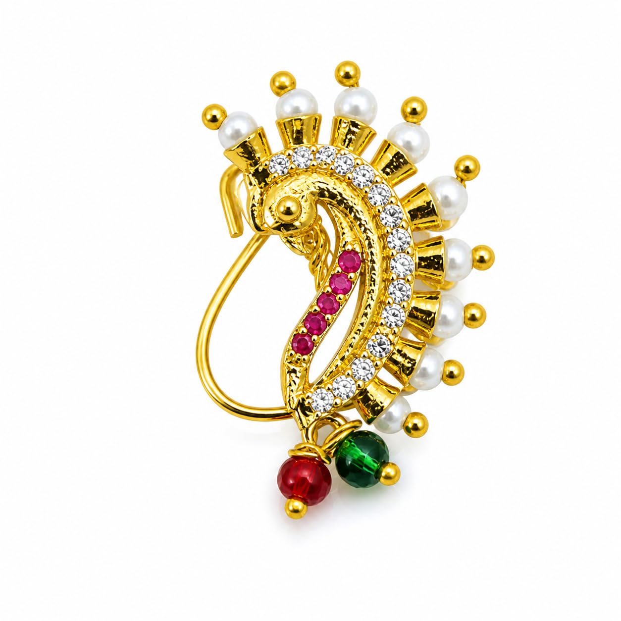 Ad Maharashtrian Pressed Nath, Gold-Toned Peacock Design, Pearl and Crystal Embellished, with Red and Green Beads-image-7