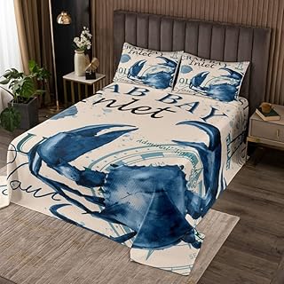 Kids Crab Bedspread Ocean Creature Themed Coverlet Set Sea Underwater World Quilted Coverlet Marine Life Sealife Blue Quilted Bedroom 3Pcs with 2 Pillow Case Queen Size