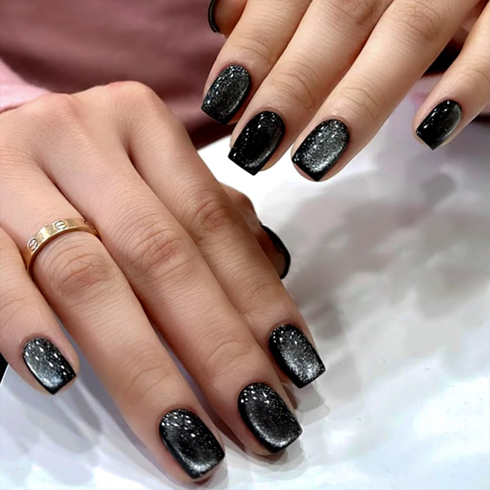 Black Press on Nails Short Square Acrylic Glitter - 24 Pcs