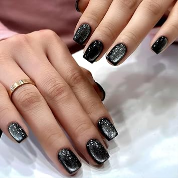 Black Press on Nails Short Square Fake Nails Glitter False Full Cover Shiny Glossy Acrylic Stick on Bling Artificial Ombre Glue on for Women Manicure 24Pcs