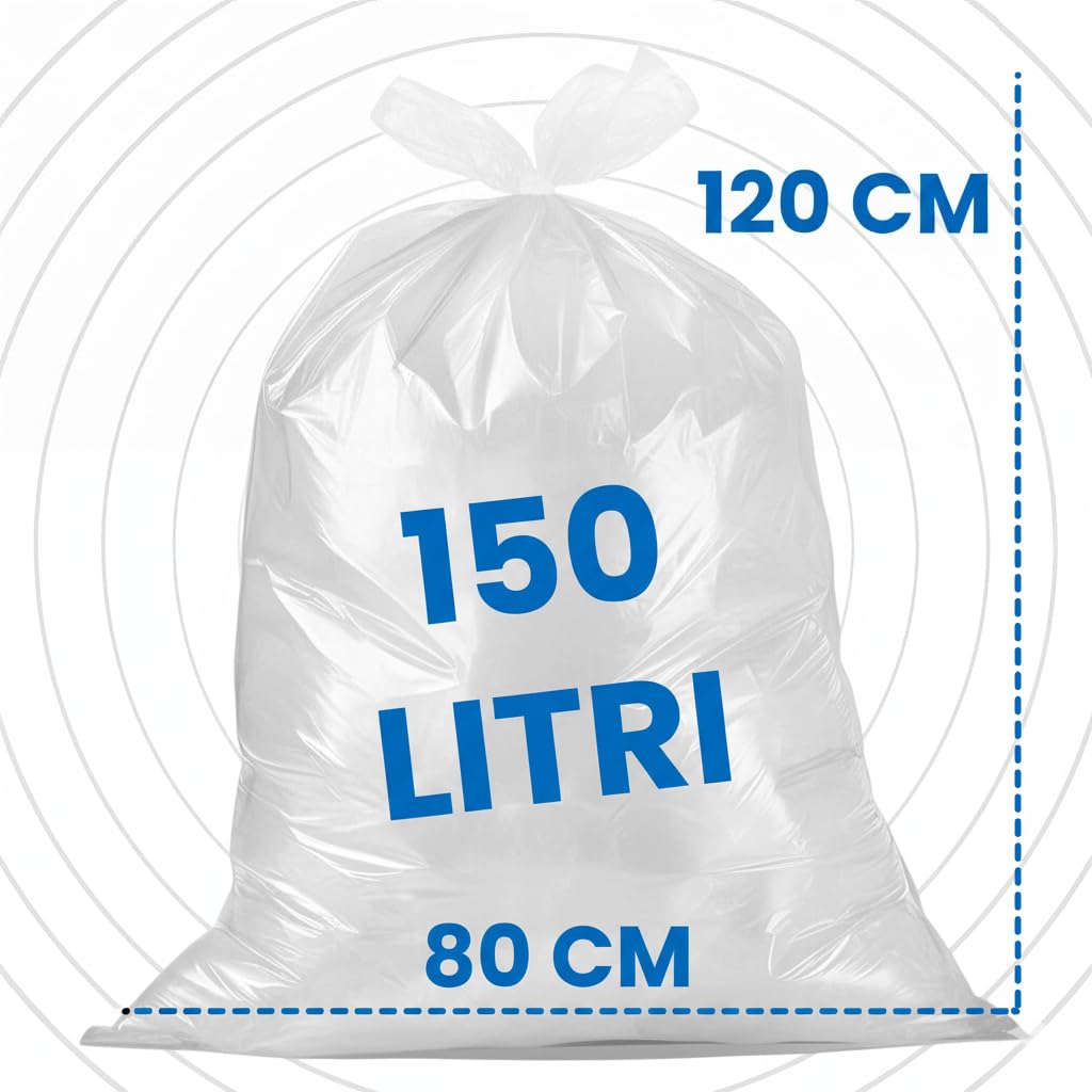 FRIO - 200 sacchetti grandi, 150 litri, trasparenti, sacchi spazzatura condominiali formato scorta per bidone raccolta differenziata, con legacci. Buste spazzatura 80x120 cm, multistrato, resistenti