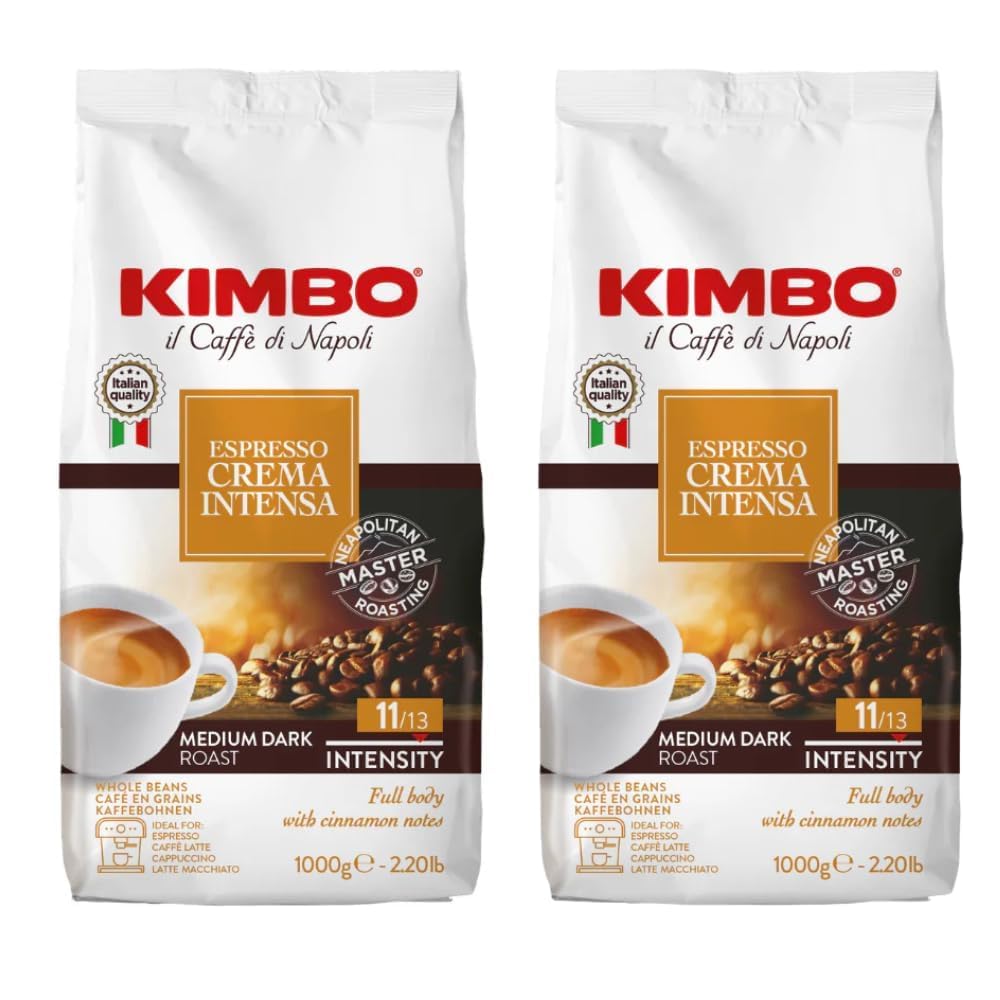 Kimbo Crema Intensa - 2 kg Caffè in Grani, 2 Confezioni da 1 kg, Intensità 11/13, Tostatura Medio-Scura, Note Speziate, Miscela Corposa, Ideale per Macchine Superautomatiche ed Espresso