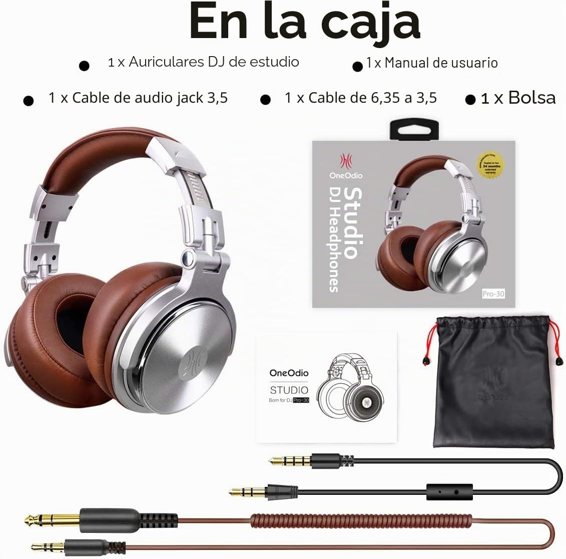 OneOdio Pro30 Auriculares DJ, Auriculares con Cable de Estudio, Estéreo de Alta Definición con Micrófono para Monitoreo Grabación y Mezclas, 50mm Controladores, Orejeras Proteicas, Plata y Marrón