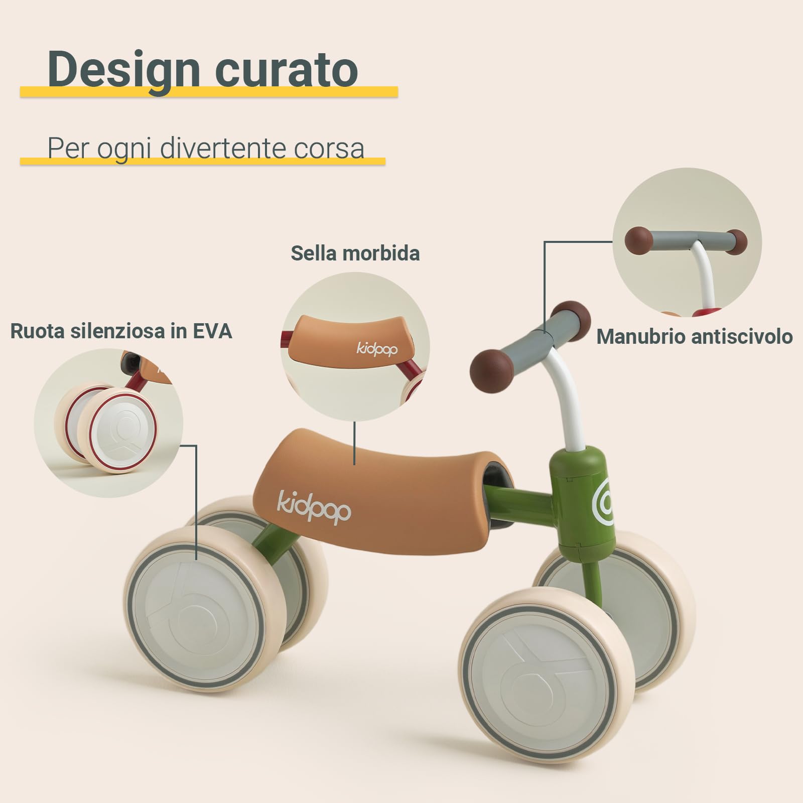 kidpop Big Bee Baby Balance Bike (unisex), quattro ruote per bambini dai 1 ai 2 anni, regalo per il primo compleanno, la prima bicicletta per i più piccoli