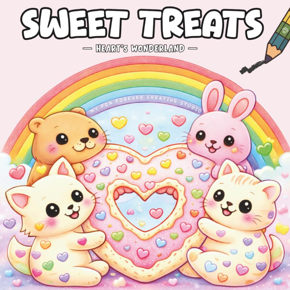 Sweet Treats: A Kawaii Heart-Filled Coloring Journey: 45+ Adorable Dessert Illustrations for Stress Relief and Fun, Featuring a 3-Level Progress Challenge for All Ages