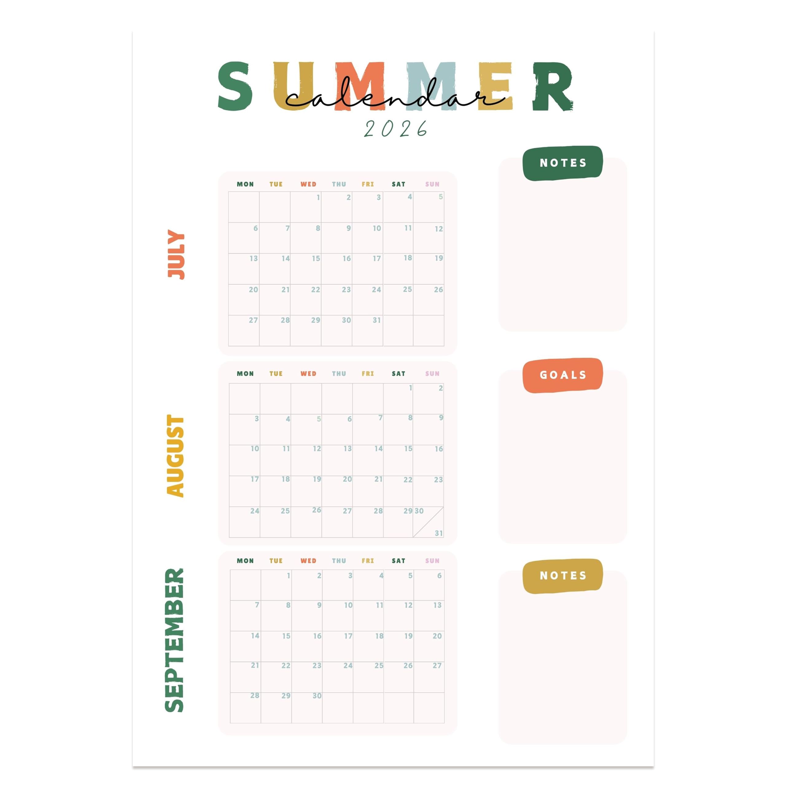 A2 Family Planner 2026 Foamboard, July Start Summer Wall Calendar with Notes and Goals Sections, Large Family Organiser Board