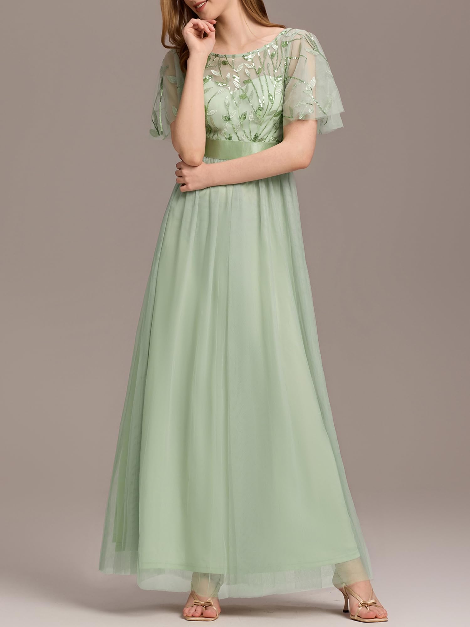 Ever-Pretty Robe de Soirée pour Mariage Demoiselle d'honneur Manches Courtes Taille Empire A-Line Tulle Longue Femme 00904