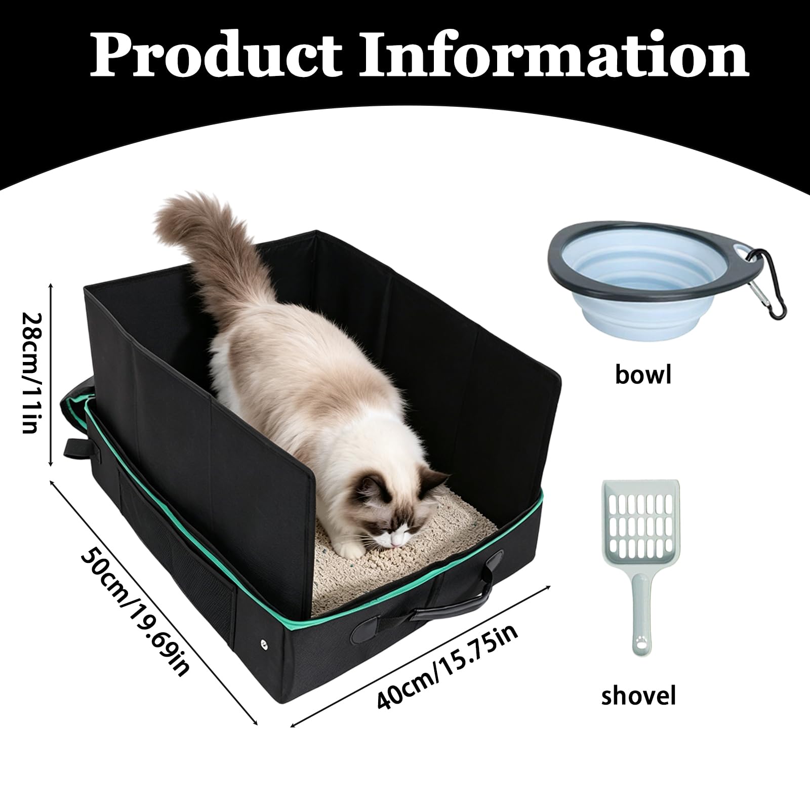 Bac À Litière De Voyage, Bac Litiere pour Chat Portable Et Pliable, Caisse Chat Litiere Et Portable, Litiere De Voyage en Tissu Oxford, Le Camping, Pliable, Étanche, 50 X 40 X 28 Cm,Noir