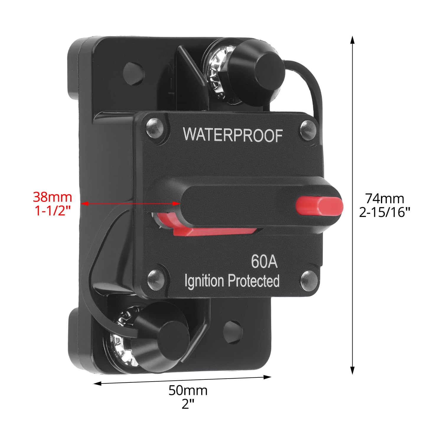 QWORK® Wyłącznik automatyczny 60 A z ręcznym resetowaniem 12 V-48 V DC, wodoodporny, inline, do silników trolingowych, samochodów, łodzi, ciężarówek