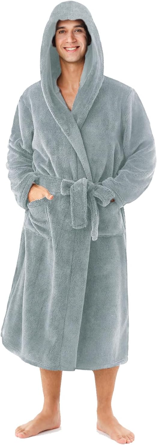 RONGTAI Hooded Robes for Men Plush Fleece Long Bathrobe Belt Fluffy House Winter Robe with Pockets S-XXL