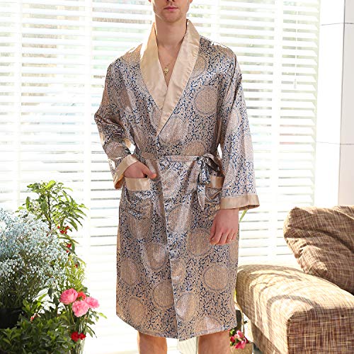 Lu's Chic Men's Satin Pajama Set Silk Robe Boxer Underwear Long Sleeves Pockets Loungewear Kit4