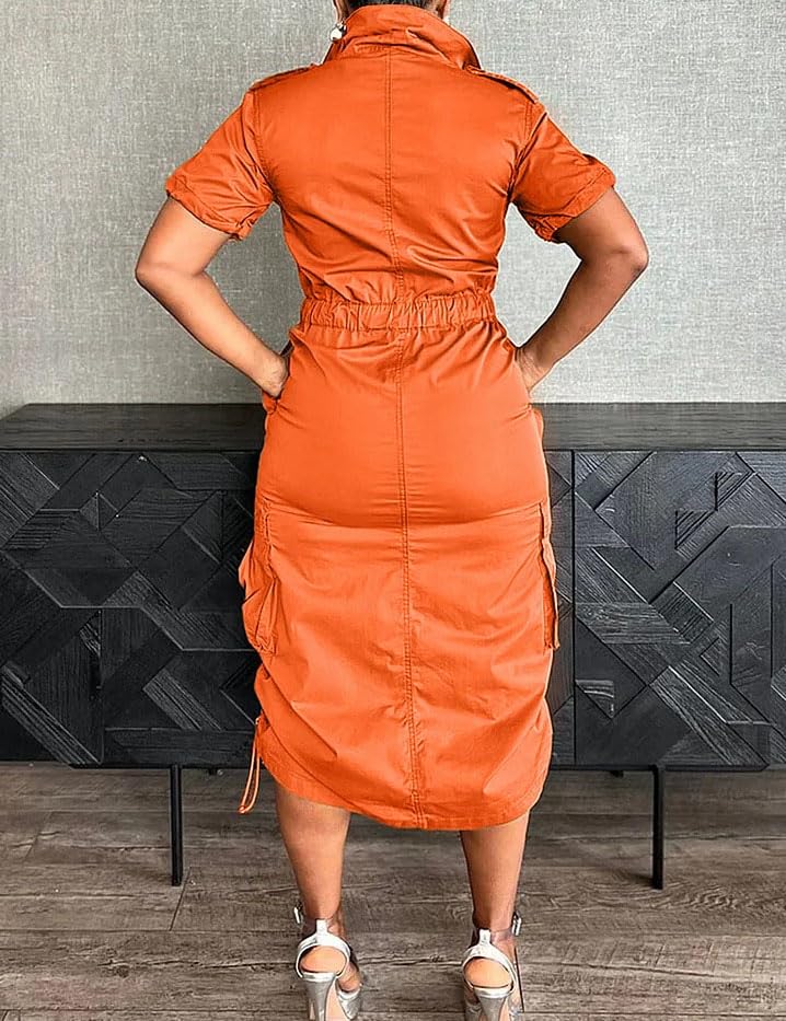 Yuopeid Womens Casual Dresses Short Sleeve Lapel Zipper Front High Waist Drawstring Club Party Midi Dress with Pockets3