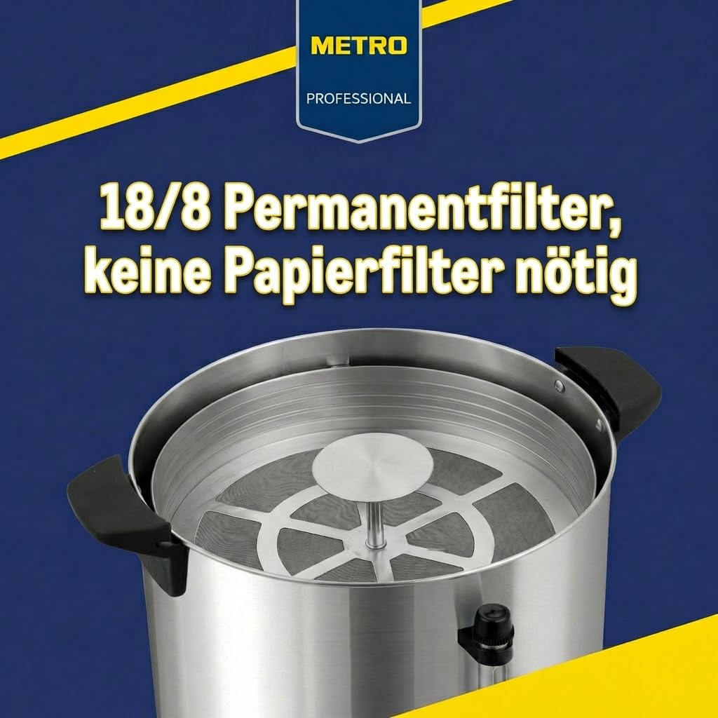 METRO Professional Kaffeemaschine GCM4015, 15 Liter, 100 Tassen, 1650 W, mit Filter, Warmhaltefunktion, Überhitzungsschutz, Füllstandsanzeige, Kühle Außenwand, Deckelverschluss, silber