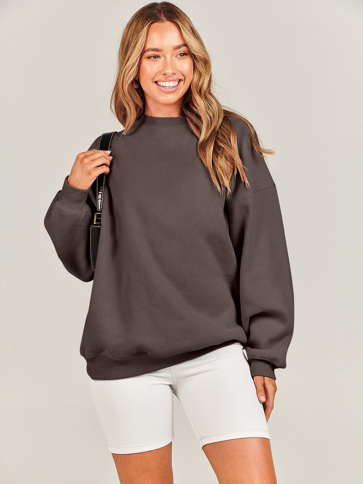 Damskie bluzy oversize bluzy z kapturem polar okrągły dekolt sweter top codzienne jesienne stroje preppy ubrania nastolatki 2024 A1019 światło, Jeden kolor, Dark Brown_S