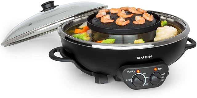 Klarstein Hot Pot and Grill Plate - Hot Pot Cooker, Electric Pot, Volume: 5 L, HotPot: 1350 W / 38 cm Ø, Grill Plate: 600 W / 22 cm Ø, Aluminium Heating Element, 2-in-1, Black