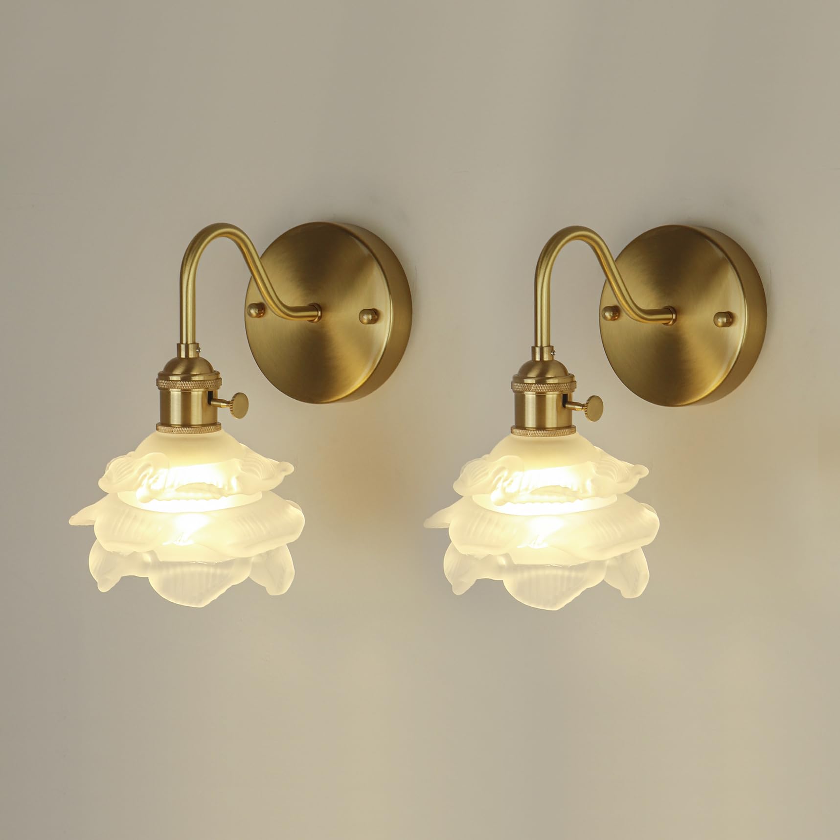 Photo 1 of LYTSNUGIC Vintage Floral Glass Wall Sconce with Switch, Antique Brass Wall Lights Bedroom, Gold Modern Flower Shade Small Single Wall lamp, Lighting Fixture Hard Wired (2, White Rose)