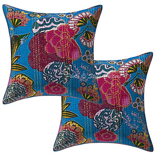 Stylo Culture Almohada de Acento India Fundas de cojín Turquesa Kantha Cojines de impresión Impresa para Camas de algodón Cuadrado Tradicional Tropicana 45x45 cm Fundas de cojín (Juego de 2 Piezas) Cover
