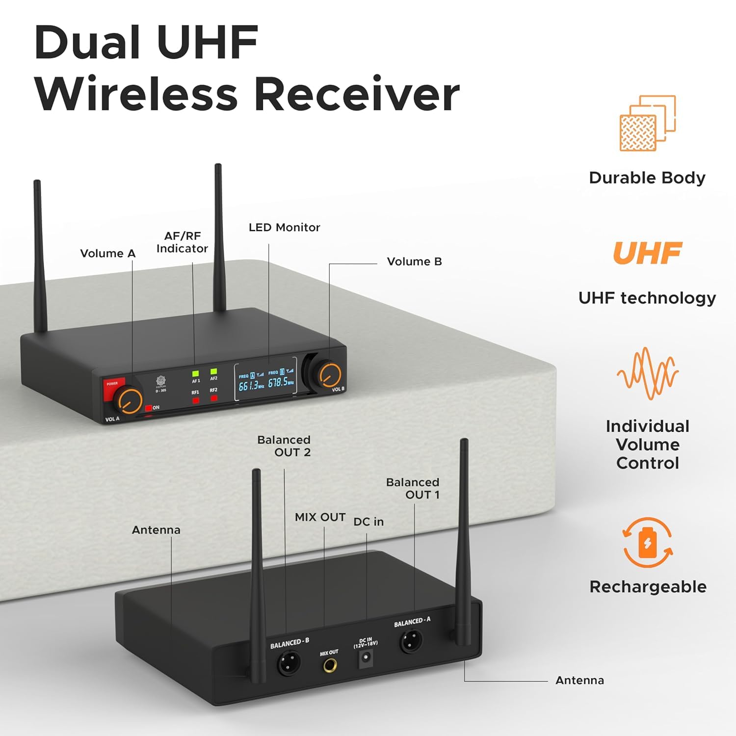 DIGIMORE UHF Dual Wireless Microphone System | 197ft Range | Cardioid Mic |Balanced XLR Outs | 8Hrs Battery Life | Type-C Charging | Perfect for Churches, Singing, Karaoke & Live Shows (D-305 HH) - Image 3 thumbnail