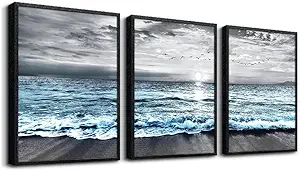 Black Framed Canvas Wall Art For Living Room & Bedroom Decor - Black And White Beach Wall Painting - Blue Ocean Sea Wave Pictures - Modern Office Posters - Home Decor Set of 3