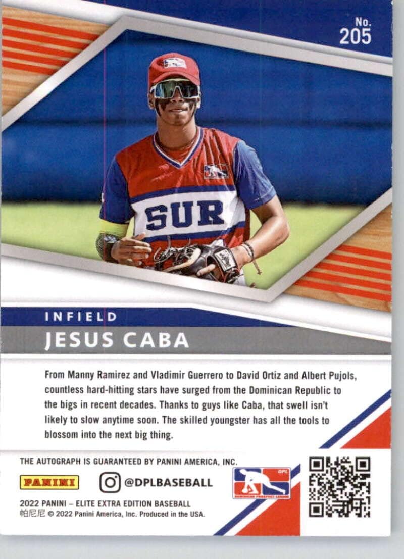 2022 Panini Elite Extra Edition Signatures #205 Jesus Caba Auto Autograph Dominican Prospect League Official Pre-MLB Prospect/Draft Baseball Card in Raw (NM or Better) Condition