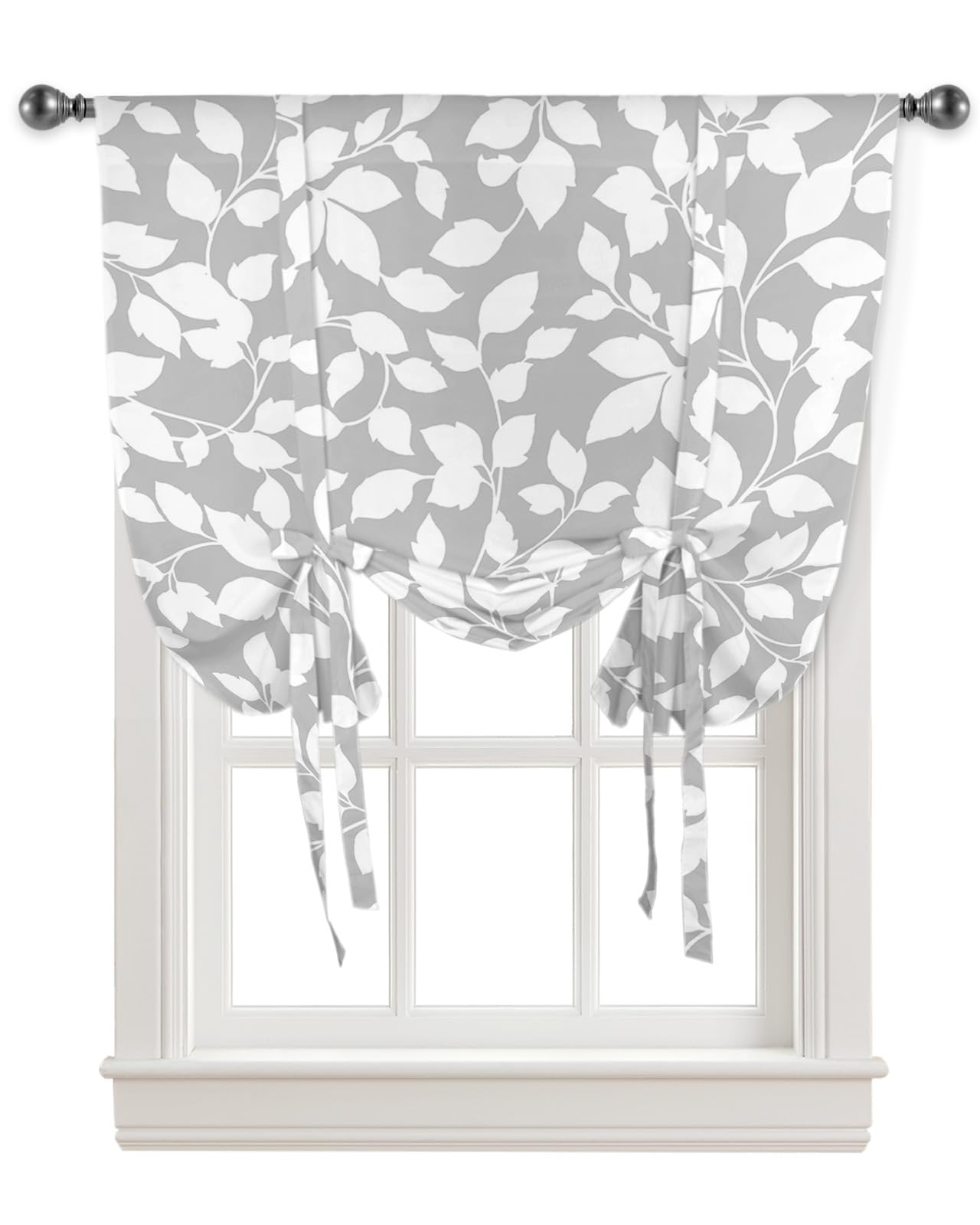 Grey Botanical Tie Up Curtains for Kitchen Living Room, Thermal Insulated Adjustable Tie Up Shade Rod Pocket Panel for Small Window, Spring Floral Summer Flowers White Leaf 34" W x 45" L