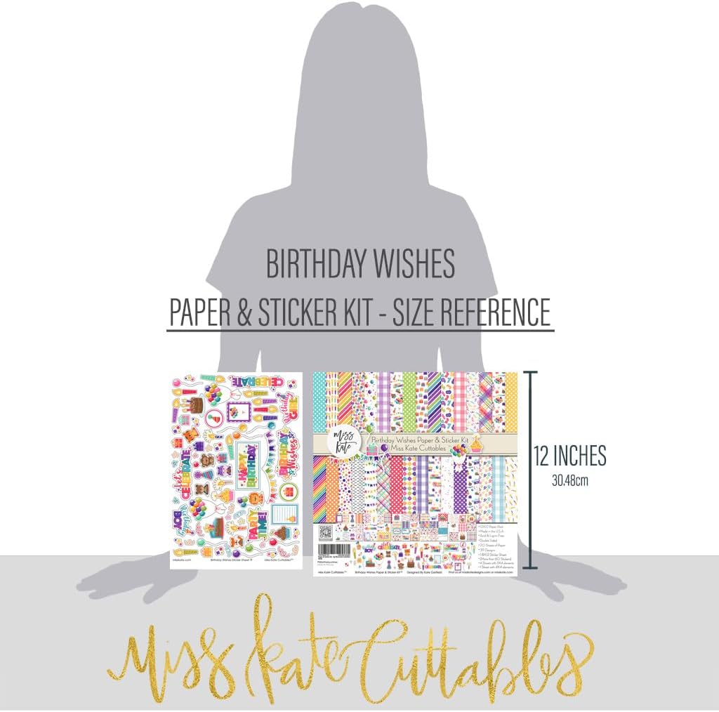 Paper & Sticker Kit – Birthday Wishes – for Happy Kids Party Surprise Cake - Pattern 12x12 Scrapbook Paper 12x12 20 Sheet with 39 Designs & 1 8X12 Sticker Sheet - Scrapbooking -by Miss Kate Cuttables