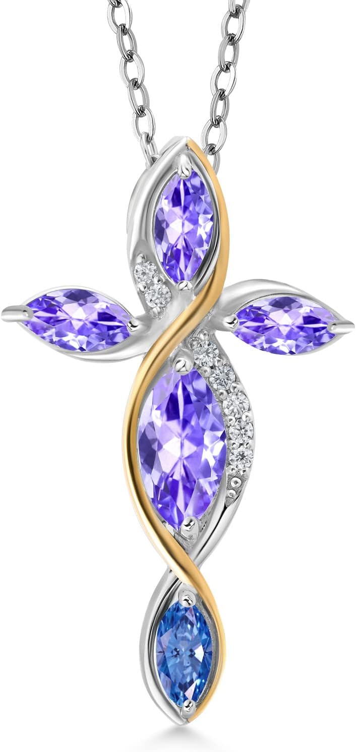 Cross Necklace For Women In 925 Silver and 10K Yellow Gold with Blue Tanzanite and Fancy Blue Zirconia | 1.40 Cttw | Jesus Christian Religious Crucifix | Marquise 8X4MM | With 18 Inch Chain