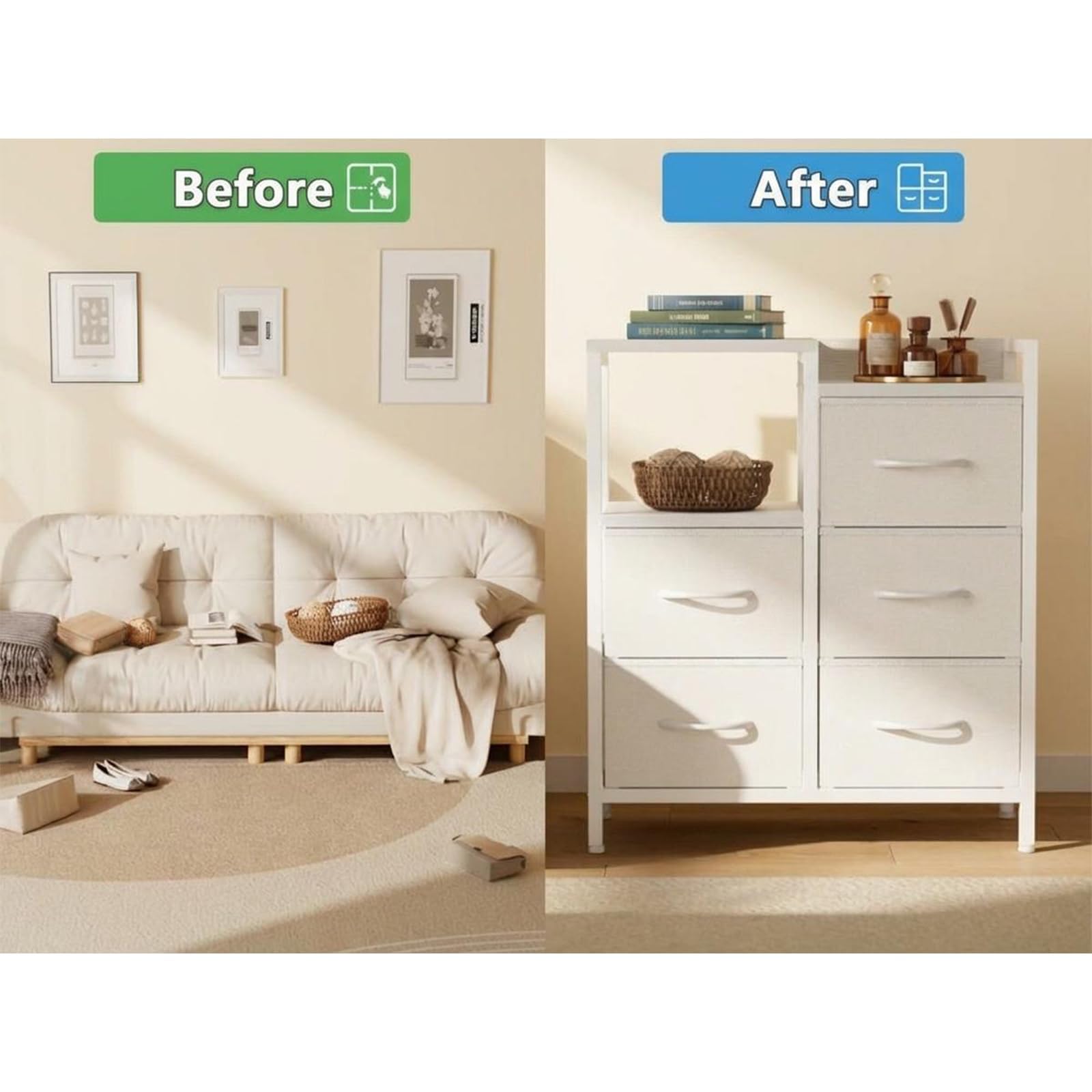 Aktenschrank 5 Schubladen, passend für A4, 63×29×72 cm | Rollbarer Büroschrank mit 5 Stoff-Schubladen und offenem Ablagefach, Druckerständer aus Metallrahmen und MDF-Platte