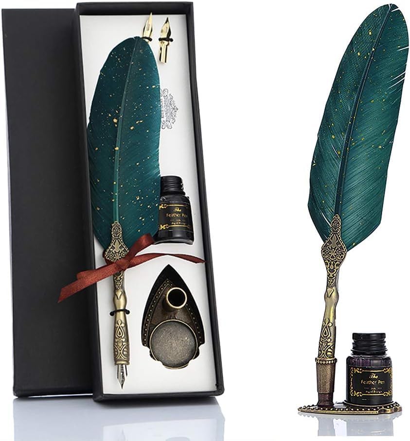 Image of UCRAVO Vintage Carving Feather Pen Set, Glittering Quill Set Antique Calligraphy Writing Dip with Ink, 2 Replacement Nibs, Stand Base, Luxury Signature