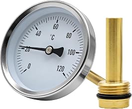 Räucherthermometer 0-120°C Bbimetall Thermometer Rohrthermometer Axial-Zeigerthermometer Zeiger Thermometer mit 1/2-Zoll-Schnittstellen-Tauchhülse Anlegethermometer für Heizsysteme und Boiler