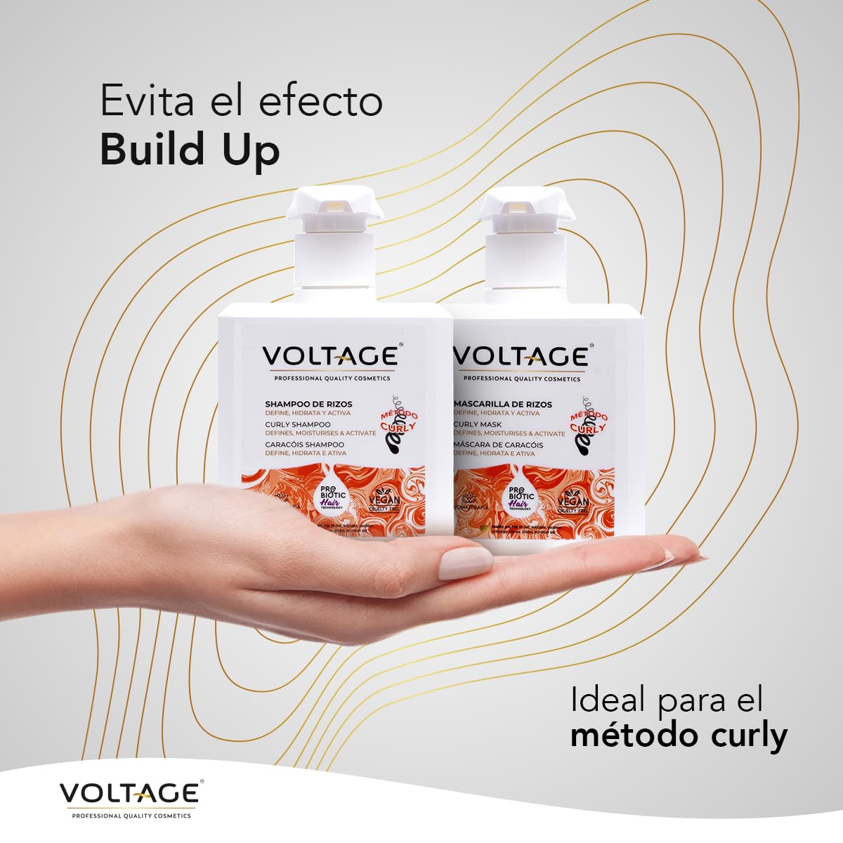 Voltage Cosmetics - Pack Método Curly - Champú y Mascarilla Pelo - 500 ml cada uno - Previene el Efecto "Build Up" y el Frizz - Rizos Definidos - Tratamiento Hidratante Cabello