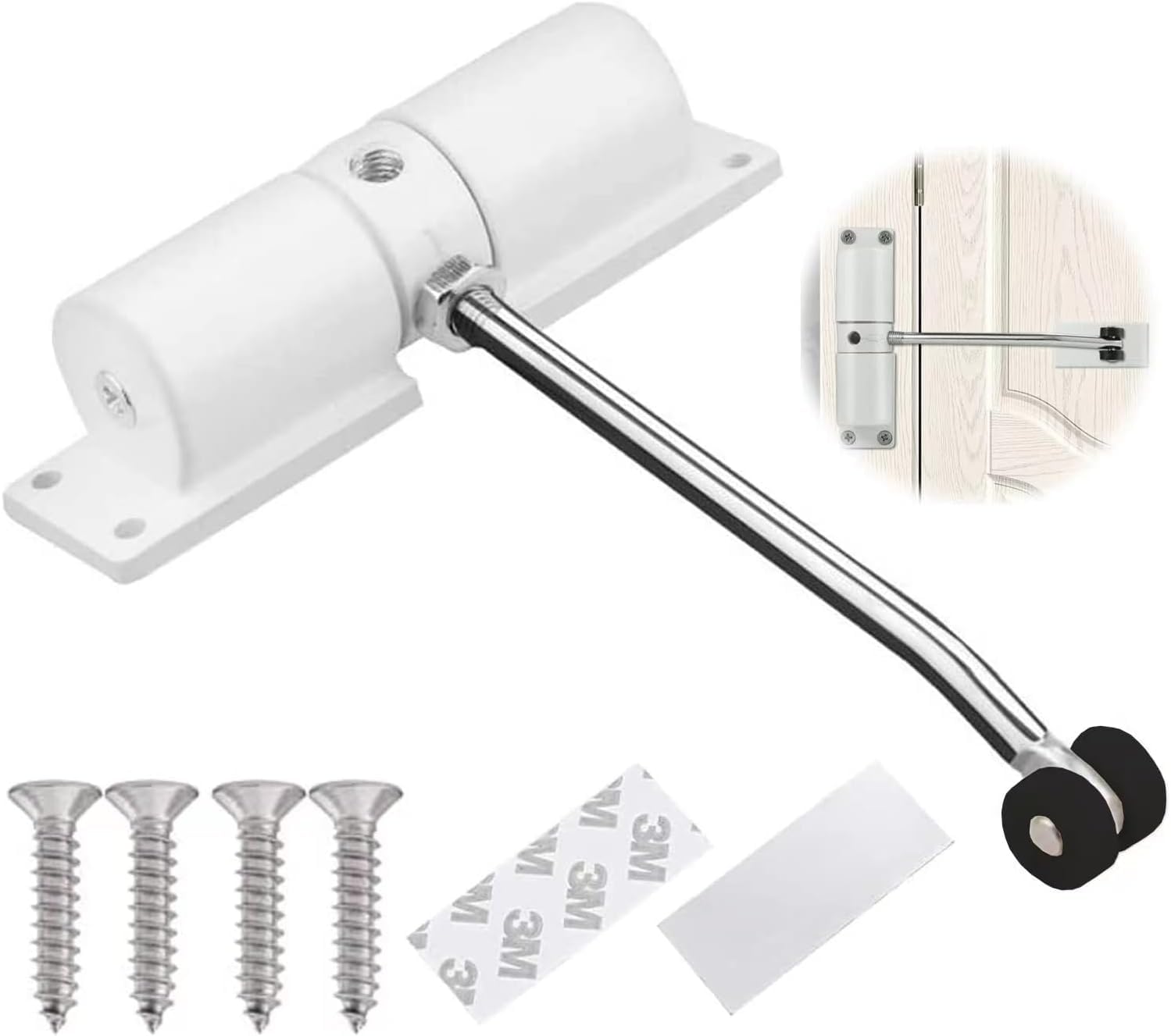 Automatic Spring Door Closer, Adjustable for Interior Doors 20-35kg, Quiet Auto Close with Adjusting Rod and Screws (White)