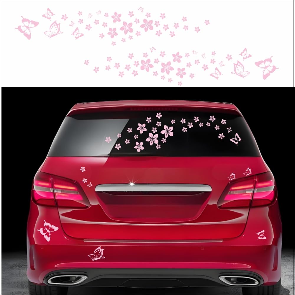 BLAJR Vlinder Bloemen Patroon Auto Sticker DIY Mini Bloemen Vinyl Stickers Voor Hood Auto Raamdeuren en Windows Laptop Decal Accessoires (Rose Red) 74 Stuks