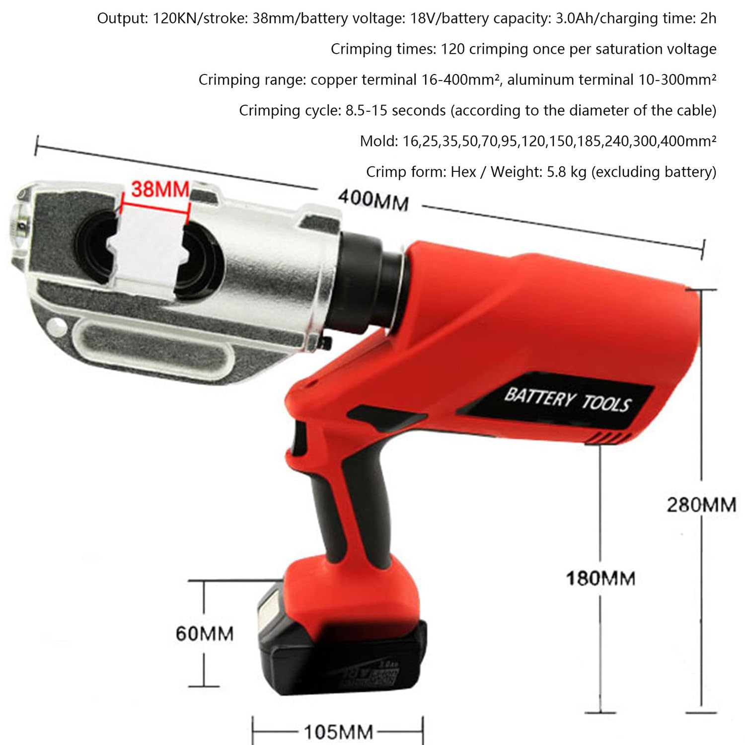Akumulatorowe narzędzie do zaciskania hydraulicznego Przemysłowe elektryczne hydrauliczne narzędzie do zaciskania końcówek kablowych 16-400mm² Zasilany bateryjnie do kabli zaciskowych