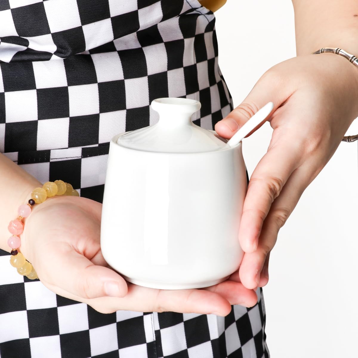 Ceramic Sugar Bowl with Lid and Spoon, Porcelain Salt Storage Jar, White Seasoning Container for Home and Kitchen, 9 Ounces (White)