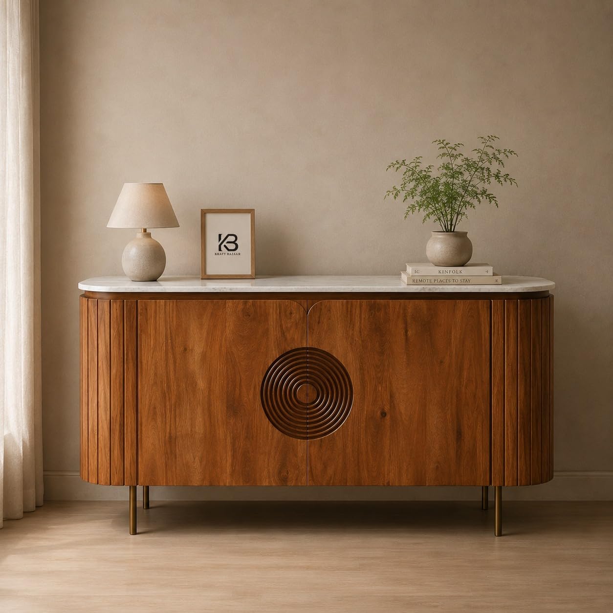 Solid Wood Mandala Sideboard Cabinet with Sintered Stone Top for Living Room | Dark Teak Finish Lacquered with Soft Close Hinge| 140 cm (W) x 39.8 cm (D) x 85 cm (H)-image-34
