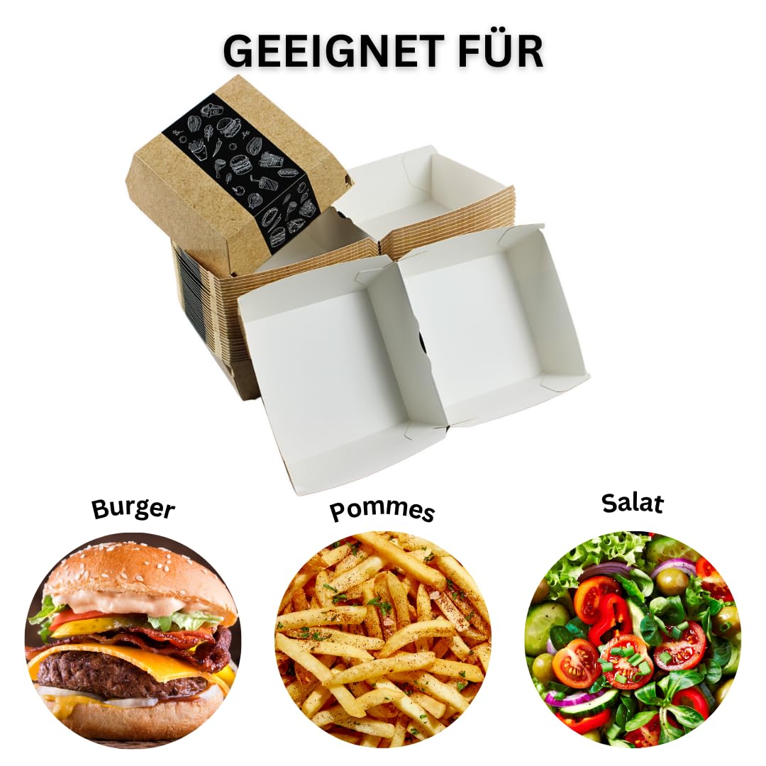 Enpack Burger-Boxen aus Kraftpapier Beige – 100 Stück – 13,5 × 13,5 × 9 cm – Einweg Burger-Schalen mit Klappdeckel, innen beschichtet – Snackbox To Go für Burger, Sandwich & Pommes