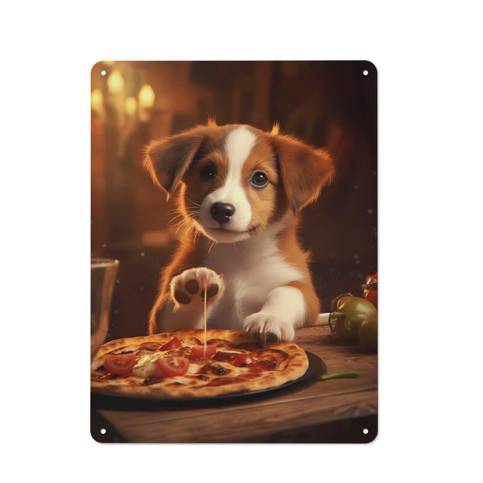Junmoney Cute Dog Puppy Pizza Food Metal Plaque 40X30cm With For Garage Wall, Retro Decor, For Themed Interiors In Garages And Workshops