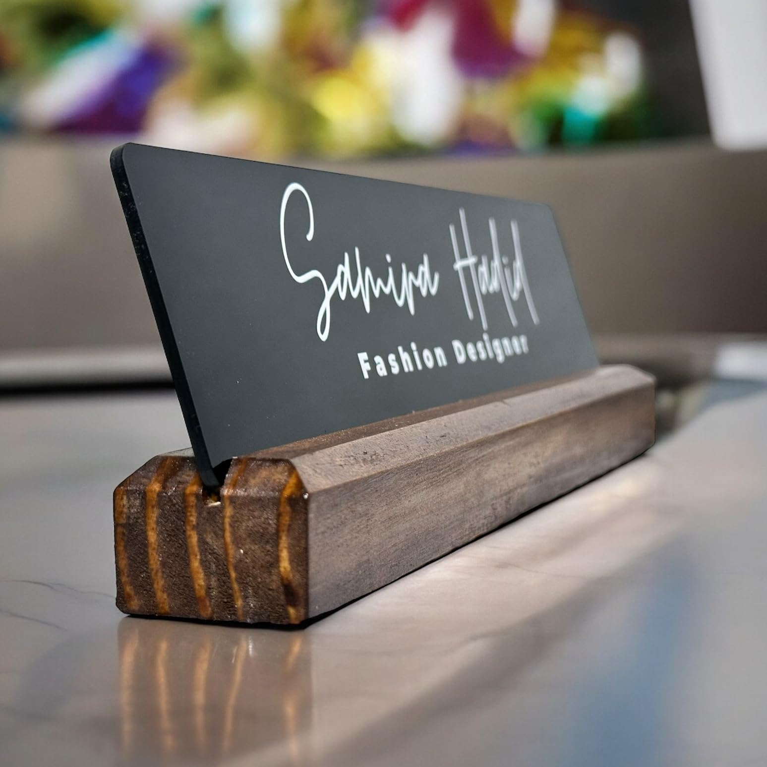 Black Custom Acrylic Desk Name Plate with Wooden Stand — Amazon image 2