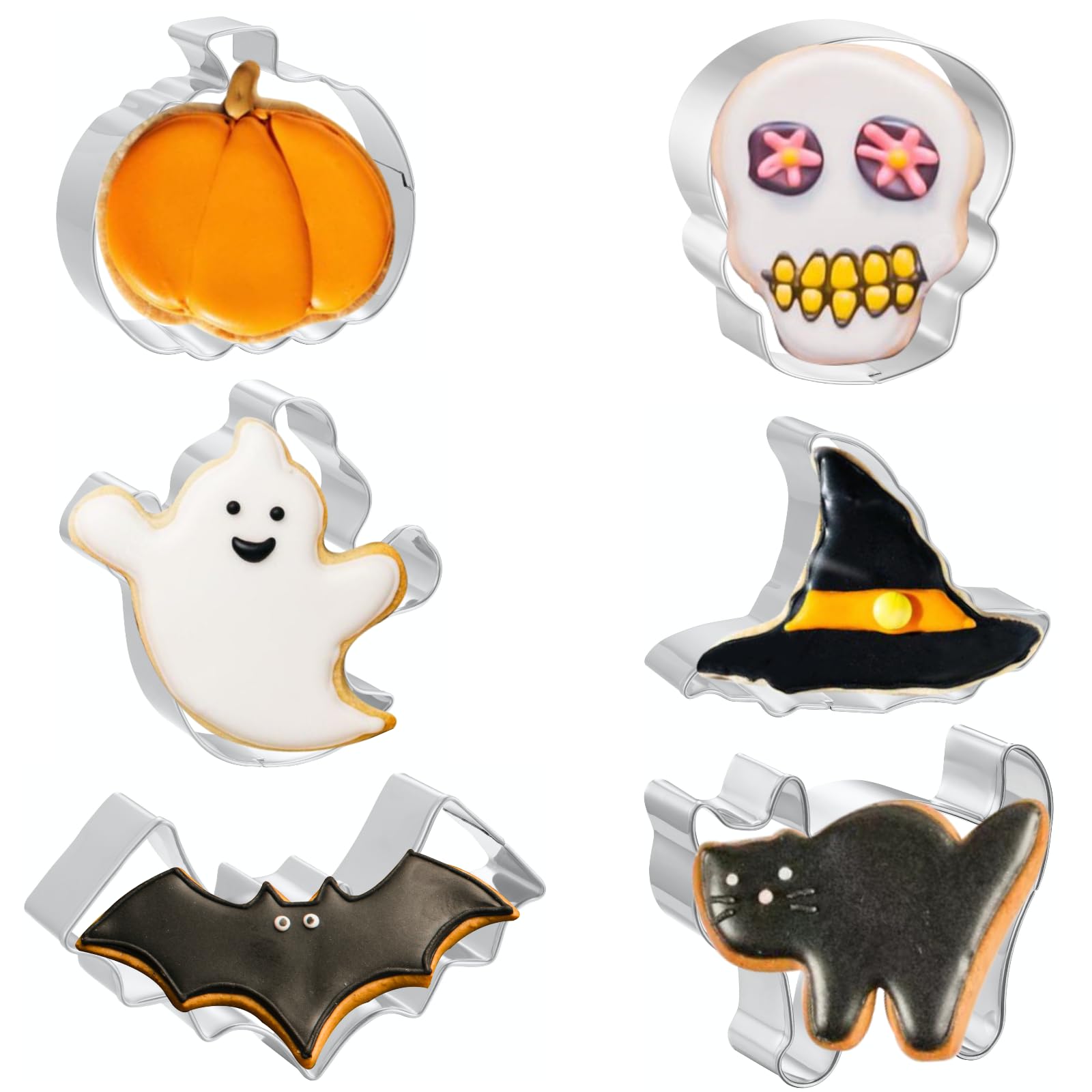 Halloween Cookie Cutters 6 PCS, 3'' to 3.5'', Ghost, Pumpkin, Bat, Black Cat, Hat, Skull