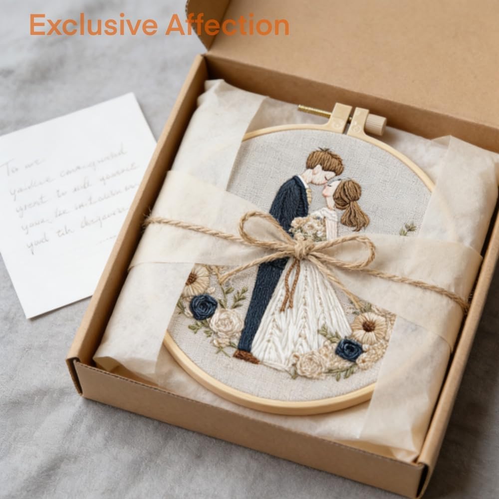 HCANPER Sweet Couple Embroidery Starter Kit, Valentine's Day Gifts，DIY Needle Punch Kit, Punch Needle Kits for Beginners,Include Pre-Printed Fabric,Tools,Embroidery Hoop,Threads. (One)