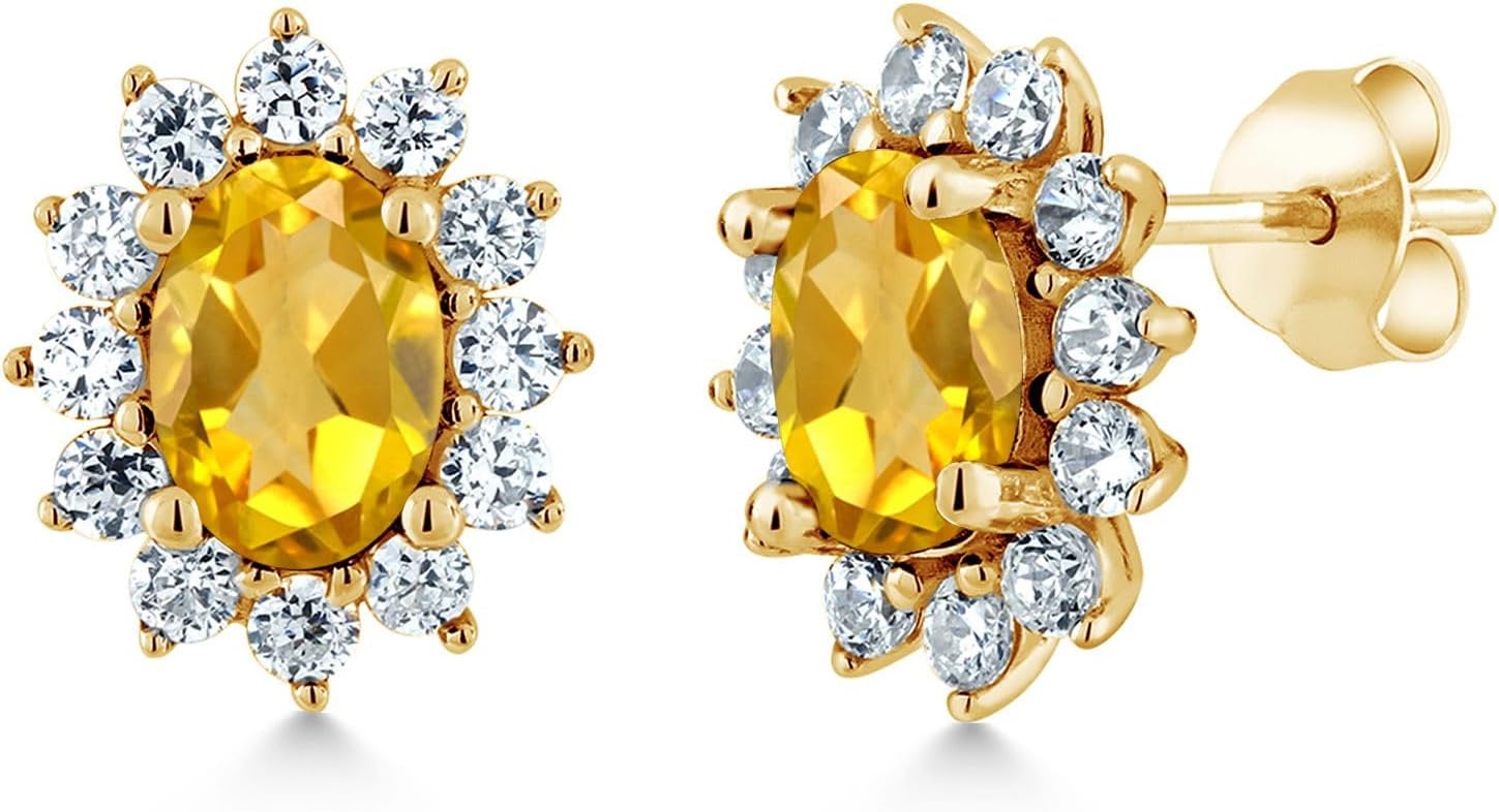 Gem Stone King 18K Yellow Gold Plated Silver Halo Stud Earrings For Women | Oval 7X5MM | Gemstone Birthstone | Princess Diana Royal Anniversary Wedding Birthday Fine Jewelry Gifts for Her Mom Wife