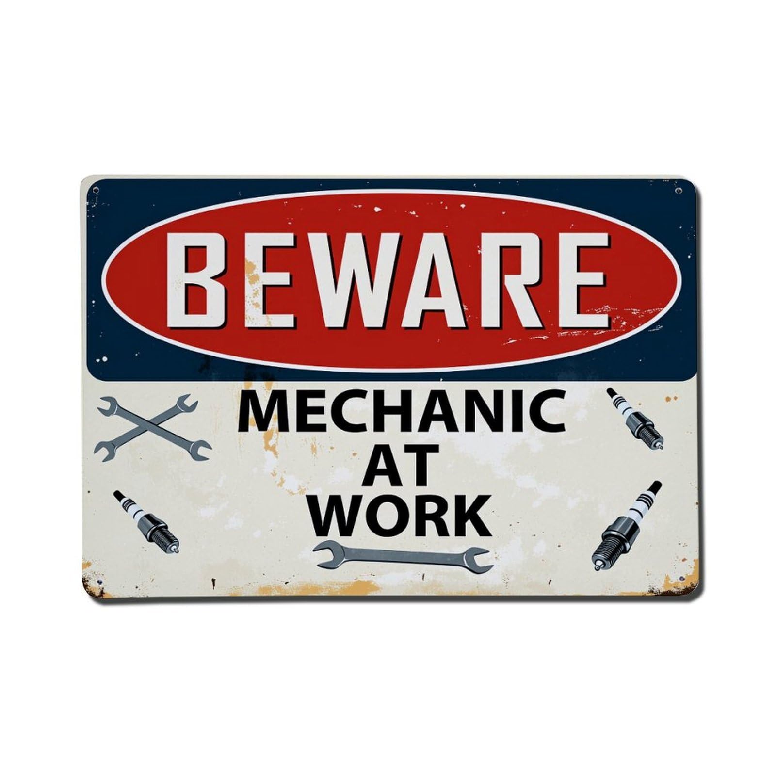 Enderetf Vintage Beware Mechanic At Work Sign Tin Sign Metal Poster, Home Bar Garage Man Cave Cafe Indoor & Outdoor Wall Decoration 8X12inches