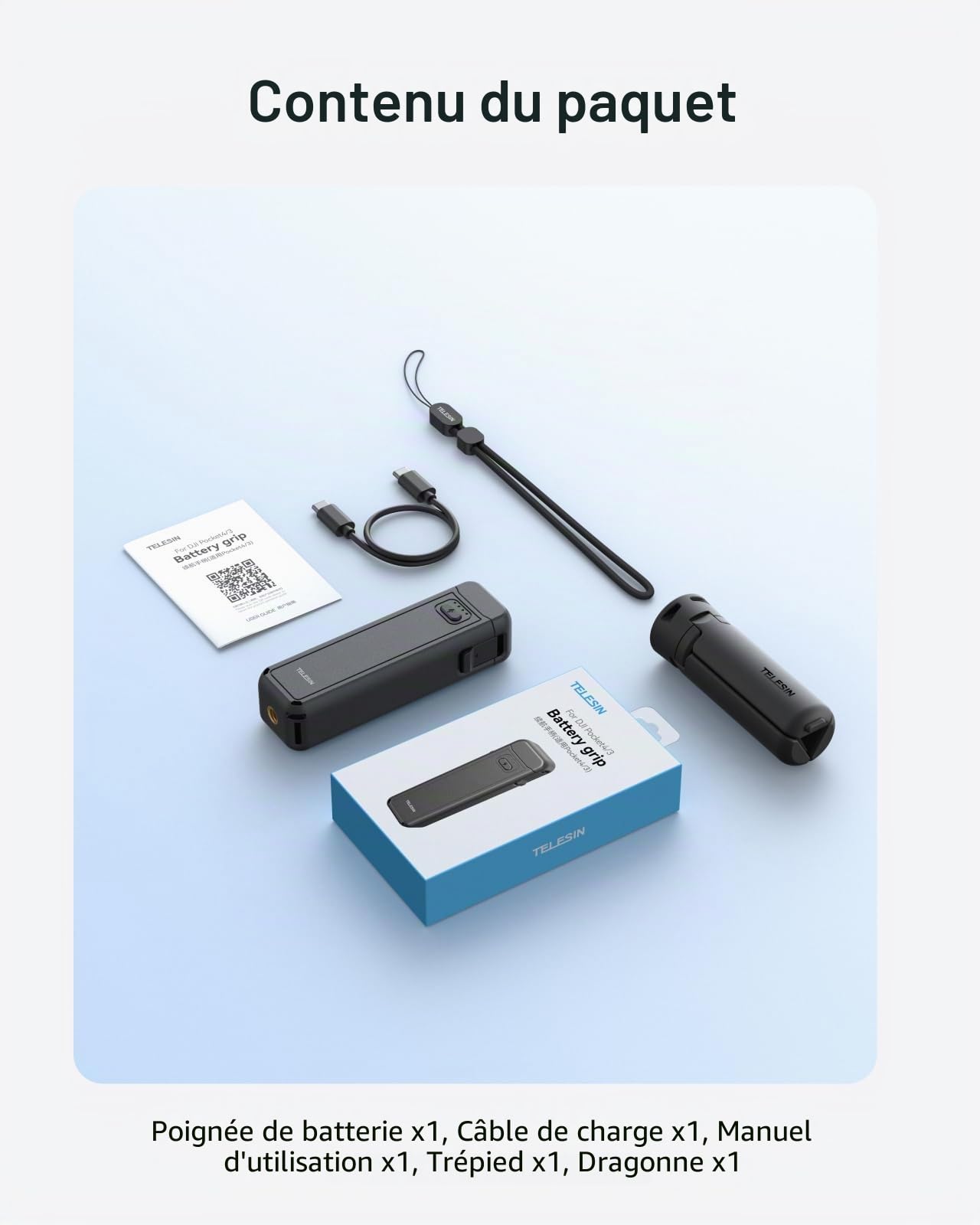TELESIN Poignée Batterie pour DJI Osmo Pocket 4P/4/3, 5000mAh Power Grip avec Trépied, autonomie 1,3×, Charge Pendant Enregistrement, poignée vlog & trépied Portable pour Voyage et Tournage extérieur