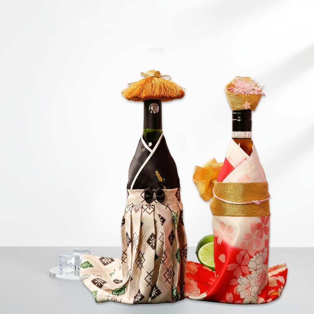 Lot De 2 Housses De Bouteille Créatives De Style Kimono Japonais avec Chapeaux, Idéales pour Décorer Une Bouteille De Vin Ou De Champagne.