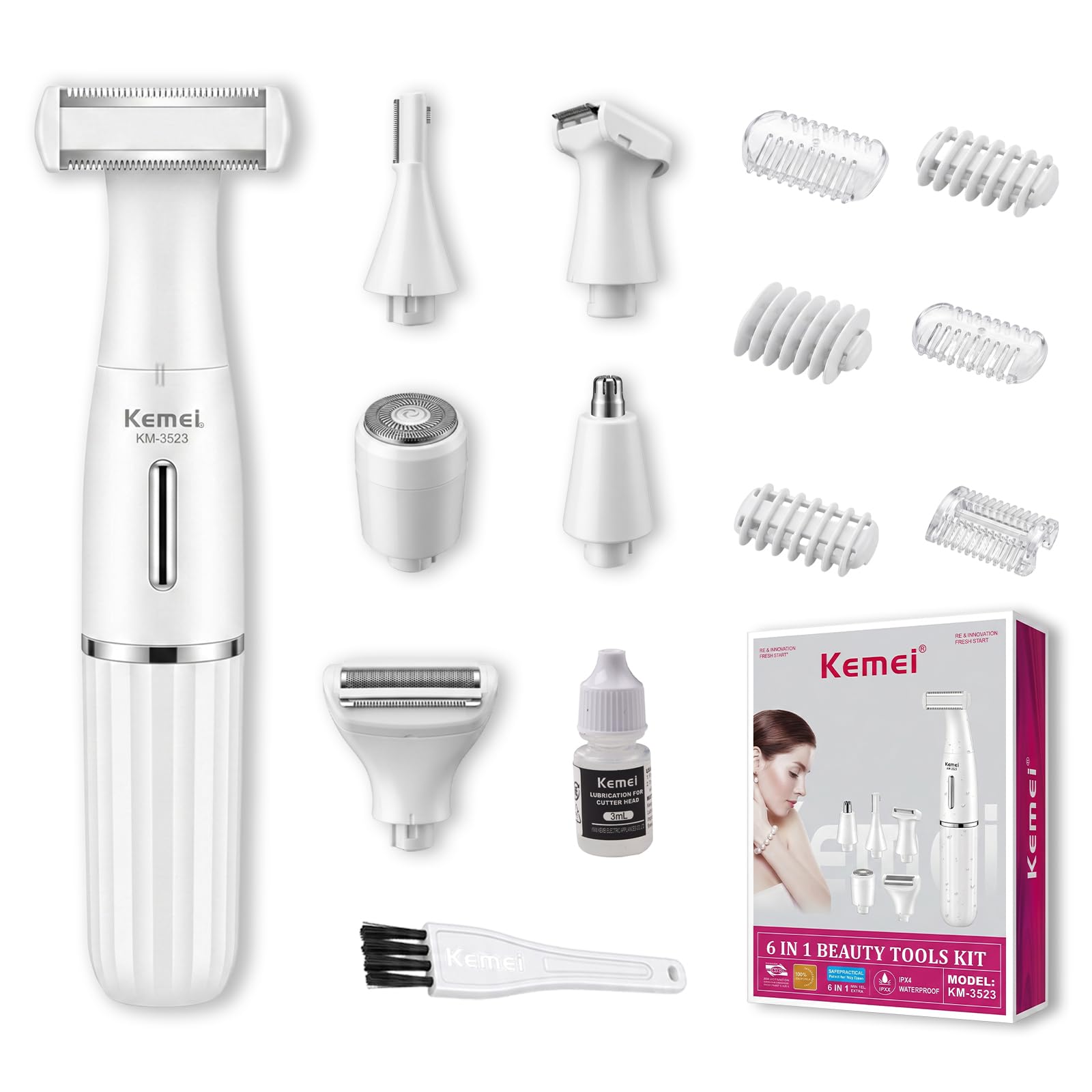 KEMEI 3523 Afeitadora Eléctrica Mujer 6 en 1, Recortadora Corporal y Facial Femenina, Rasuradora de Zona Íntima, para Cejas, Nariz y Axilas, Piernas, Bikini, Kit de Belleza de Viaje Recargable