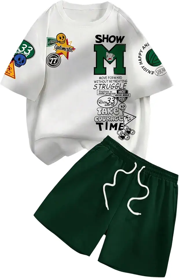 GORGLITTER Men's 2 Piece Outfits Sets Casual Graphic Crewneck Short Sleeve T-Shirt and Drawstring Waist Shorts