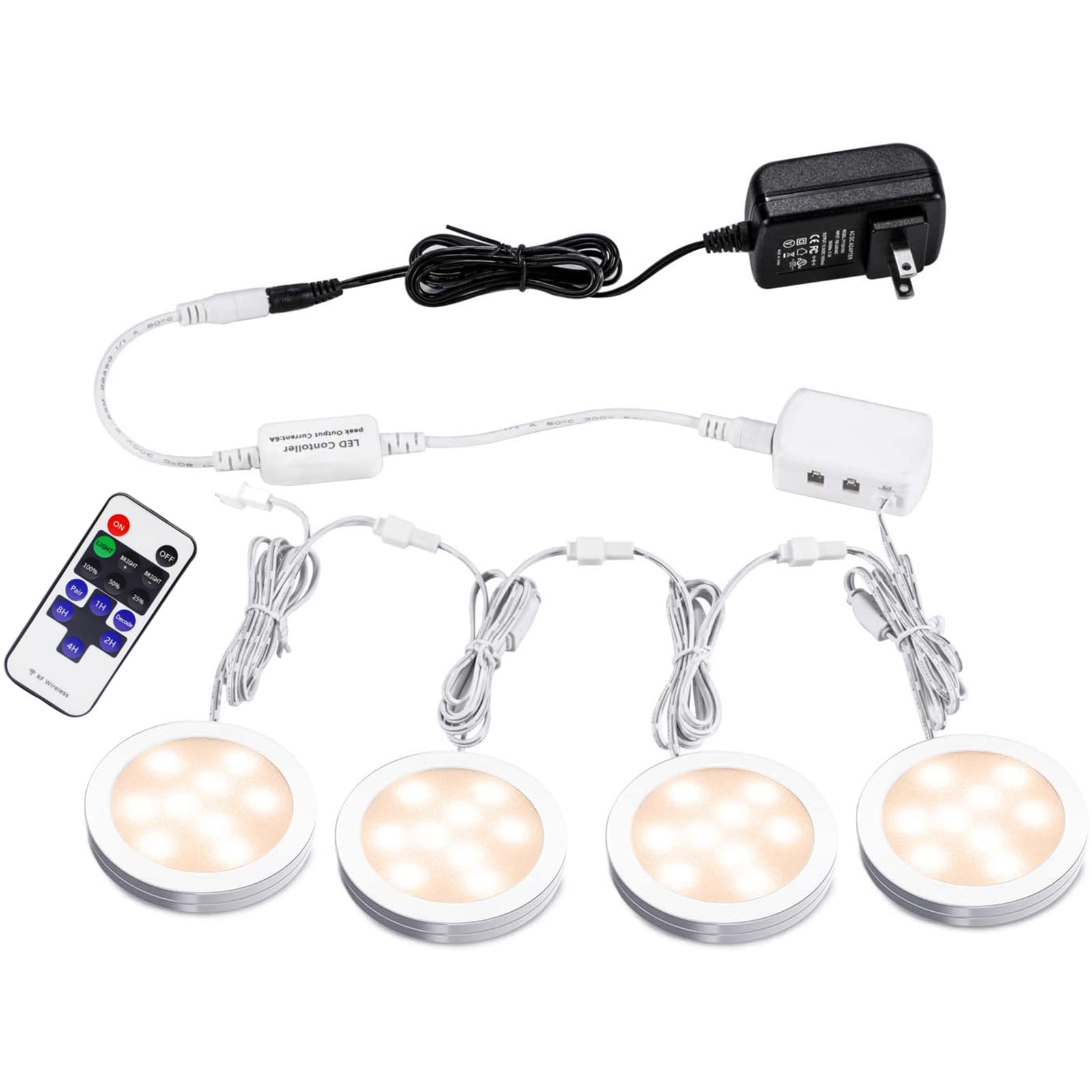 AIBOO Linkable LED Under Cabinet Lights 12V Slim Aluminum Dimmable Puck Lights with RF Remote Control & ETL Listed Power Adapter for Accent Display Lighting (4 Lights, Warm White)